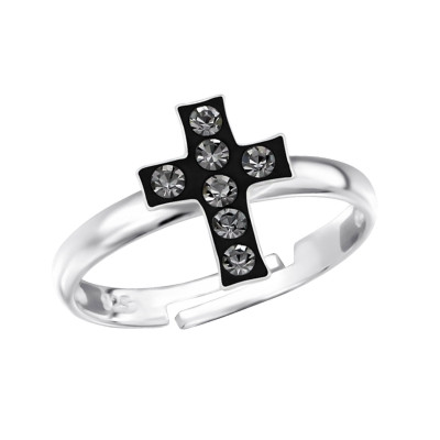 Children's Silver Cross Adjustable Ring with Crystal