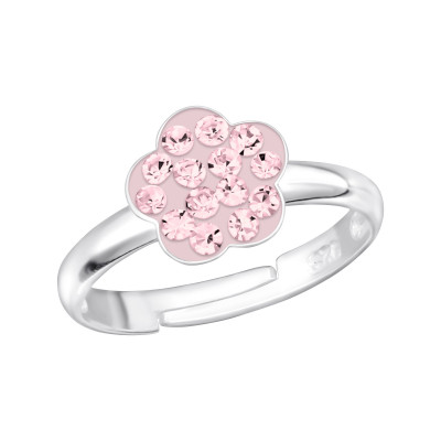 Flower Children's Sterling Silver Adjustable Ring with Crystal