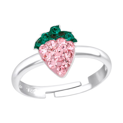 Strawberry Children's Sterling Silver Adjustable Ring with Crystal