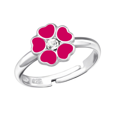 Children's Silver Flower Adjustable Ring with Crystal and Epoxy