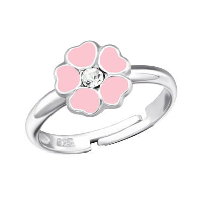 Children's Silver Flower Adjustable Ring with Crystal and Epoxy (Adjustable Size 2.5-3.5)