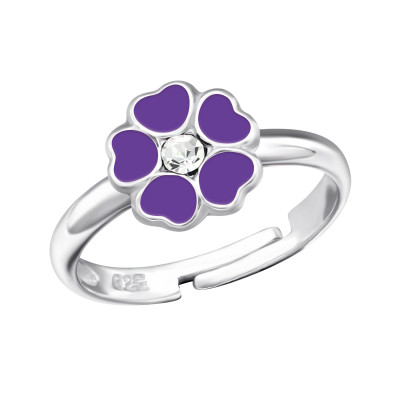 Flower Children's Sterling Silver Adjustable Ring with Crystal and Epoxy