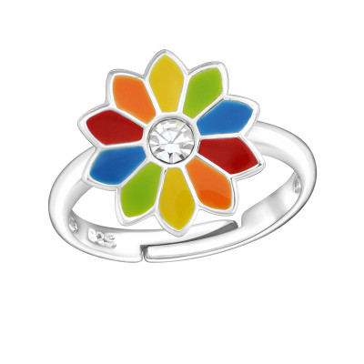 Children's Silver Flower Adjustable Ring with Crystal and Epoxy