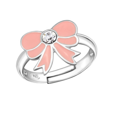 Children's Silver Bow Adjustable Ring with Crystal and Epoxy