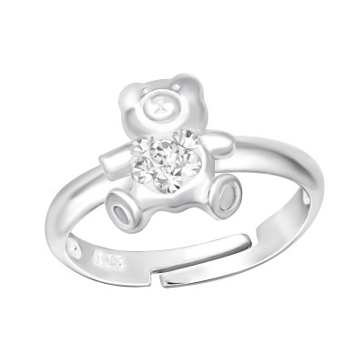 Children's Silver Bear Adjustable Ring with Crystal