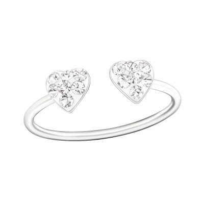 Children's Silver Double Heart Adjustable Ring with Crystal