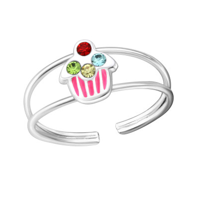 Children's Silver Cupcake Adjustable Ring with Crystal and Epoxy (Adjustable Size 2.5-3.5)