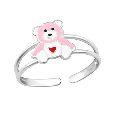 Children's Silver Teddy Bear Heart Adjustable Ring with Epoxy