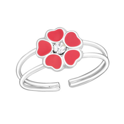 Children's Silver Flower Adjustable Ring with Crystal and Epoxy