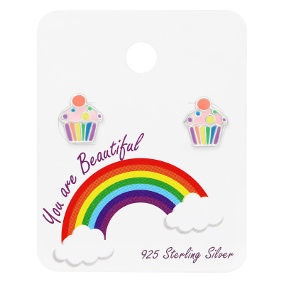 Children's Silver Cupcake Ear Studs with Epoxy on Rainbow Card
