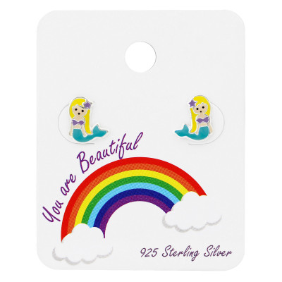 Silver Mermaid Ear Studs with Epoxy on Rainbow Card