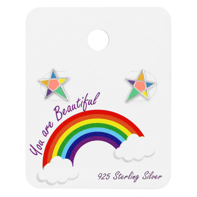 Silver Star Ear Studs with Epoxy on Rainbow Card