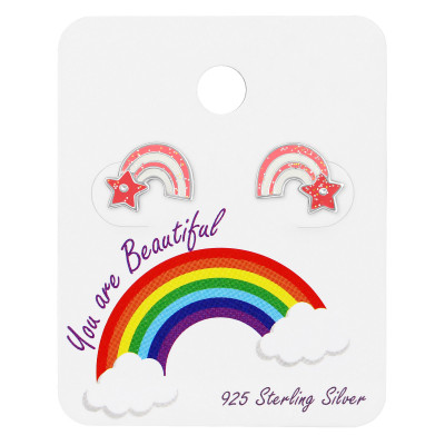 Silver Rainbow Ear Studs with Epoxy on Rainbow Card