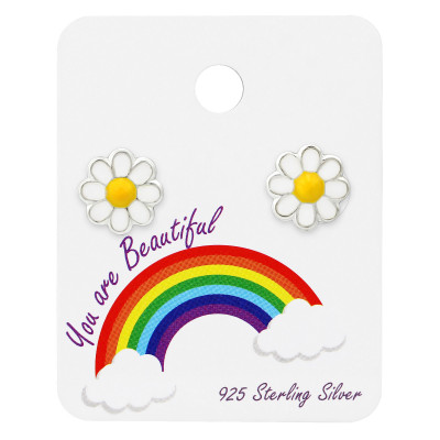 Silver Daisy Ear Studs  with Epoxy on Rainbow Card