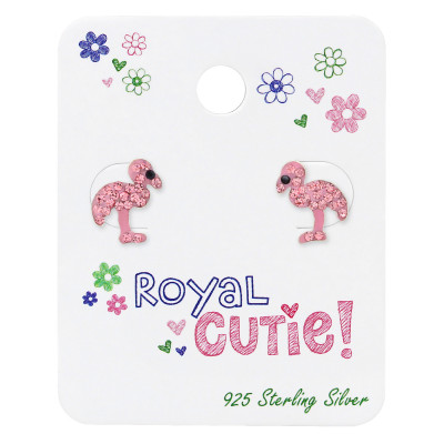 Silver Flamingo Ear Studs with Crystal on Royal Cutie Card