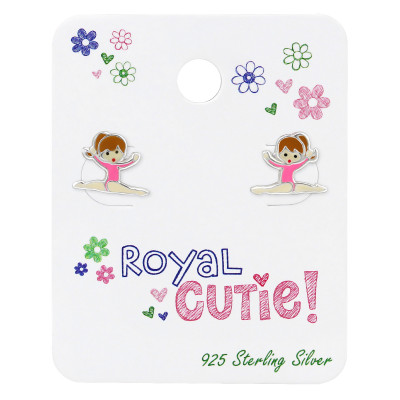 Silver Gymnastics Girl  Ear studs with Epoxy on Royal Cutie! Card