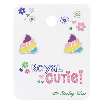 Silver Poo Emoji Ear studs with Epoxy on Royal Cutie! Card