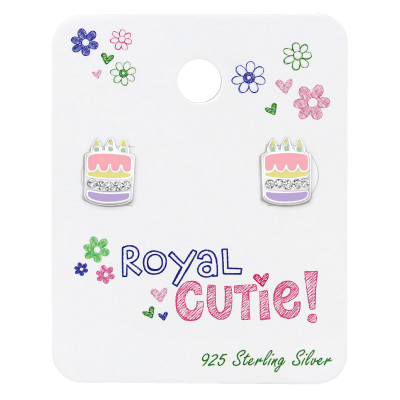 Silver Cake Ear studs  with Crystal and Epoxy on Royal Cutie! Card