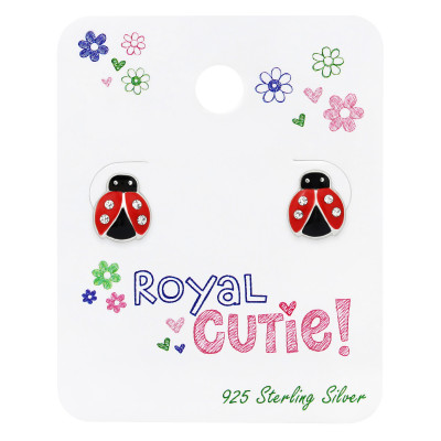 Children's Silver Ladybug Ear Studs with Crystal and Epoxy on Royal Cutie! Card