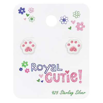 Children's Silver Paw Print Ear Studs with Crystal and Epoxy on Royal Cutie! Card