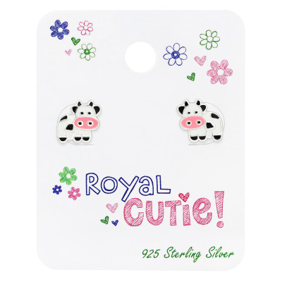 Children's Silver Cow Ear Studs with Epoxy on Royal Cutie! Card