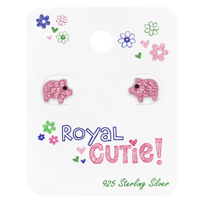 Children's Silver Pig Ear Studs with Crystal on Card 