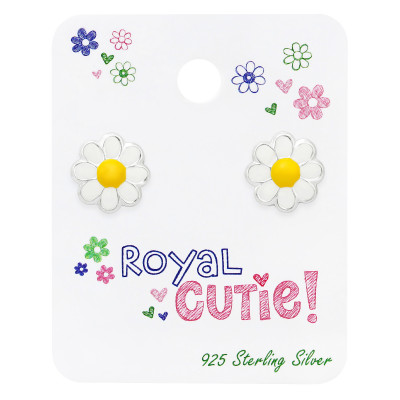 Children's Silver Sunflower Ear Studs with Epoxy on Royal Cutie! Card
