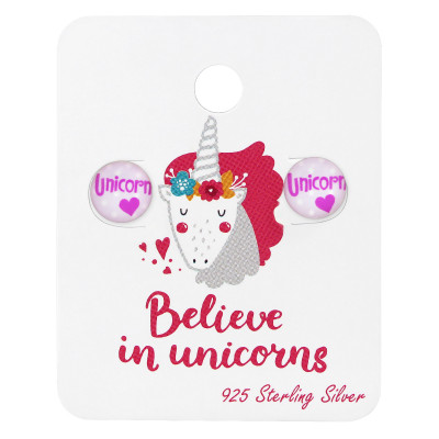 Silver Unicorn Ear Studs with Epoxy on Believe in Unicorns Card