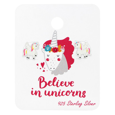 Children's Silver Unicorn Ear Studs with Epoxy on Believe in Unicorns Card