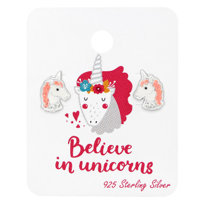 Children's Silver Unicorn Ear Studs with Crystal and Epoxy on Believe in Unicorns Card