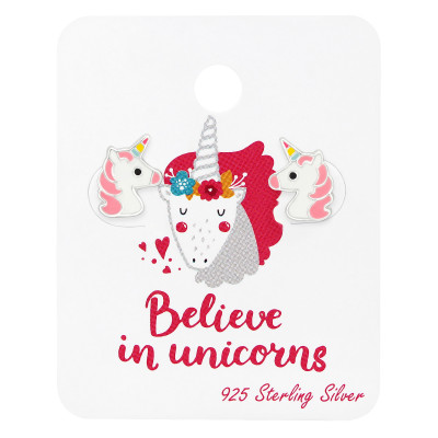 Children's Silver Unicorn Ear Studs with Epoxy on Believe in Unicorns Card