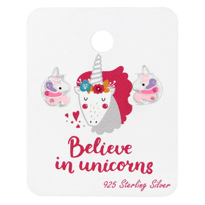 Silver Unicorn Ear Studs with Epoxy on Believe in Unicorn Card