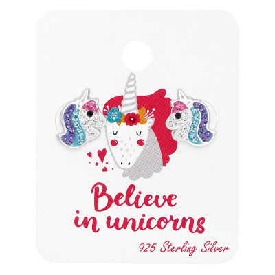 Children's Silver Unicorn Ear Studs with Crystal on Card