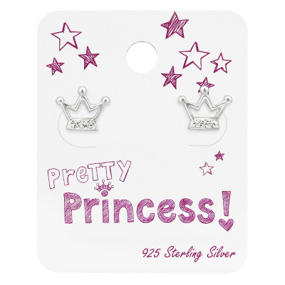 Silver Crown Ear Studs with Crystal On Princess Cards
