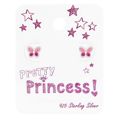 Children's Silver Butterfly Ear Studs with Crystal On Princess Card