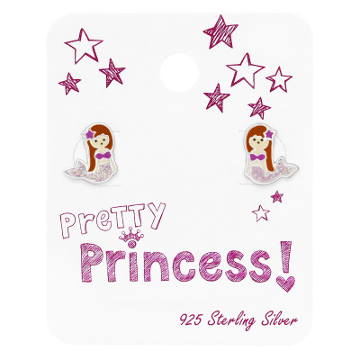 Children's Silver Mermaid Ear Studs with Epoxy On Princess Card