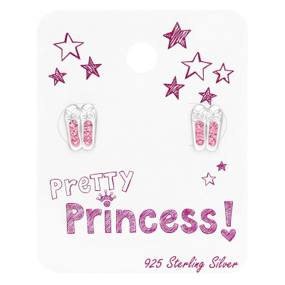 Children's Silver Ballerina Shoes Ear Studs with Crystal on Card