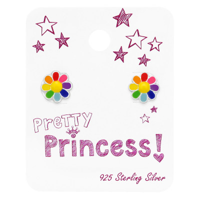 Children's Silver Flower Ear Studs with Epoxy On Princess Card