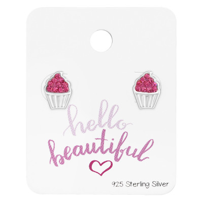 Silver Cupcake Ear Studs with Crystal on Hello Beautiful Card