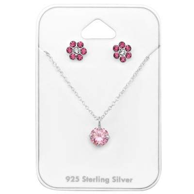 Silver Flower Set with Cubic Zirconia and Crystal on Card