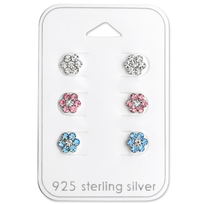 Silver Flower Ear Studs Set with Crystal on Card