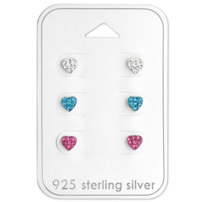 Silver Heart Ear Studs Set with Crystal on Card