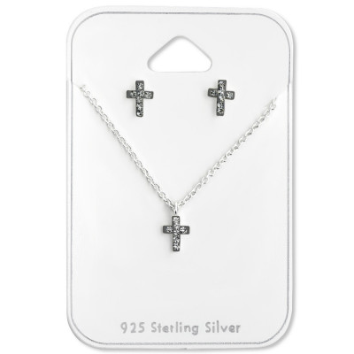 Silver Cross Set with Crystal on Card