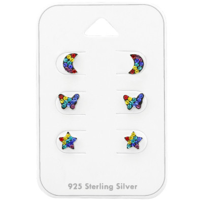 Silver Rainbow Ear Studs Set with Crystal on Card