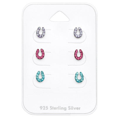 Silver Horseshoe Ear Studs Set with Crystal on Card