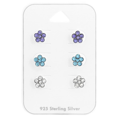 Silver Flower Ear Studs Set with Crystal on Card