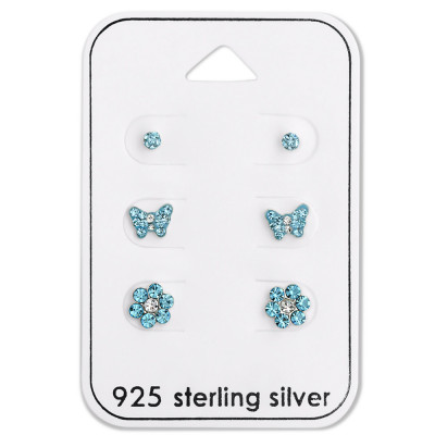 Silver Blue Ear Studs Set with Crystal on Card