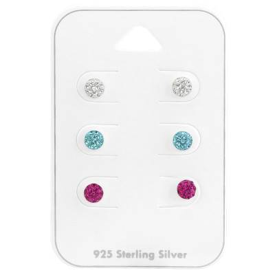 Silver Round Ear Studs Set with Crystal on Card