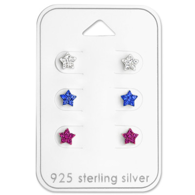 Silver Star Ear Studs Set with Crystal on Card