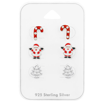 Silver Christmas Ear Studs Set with Crystal and Epoxy on Card